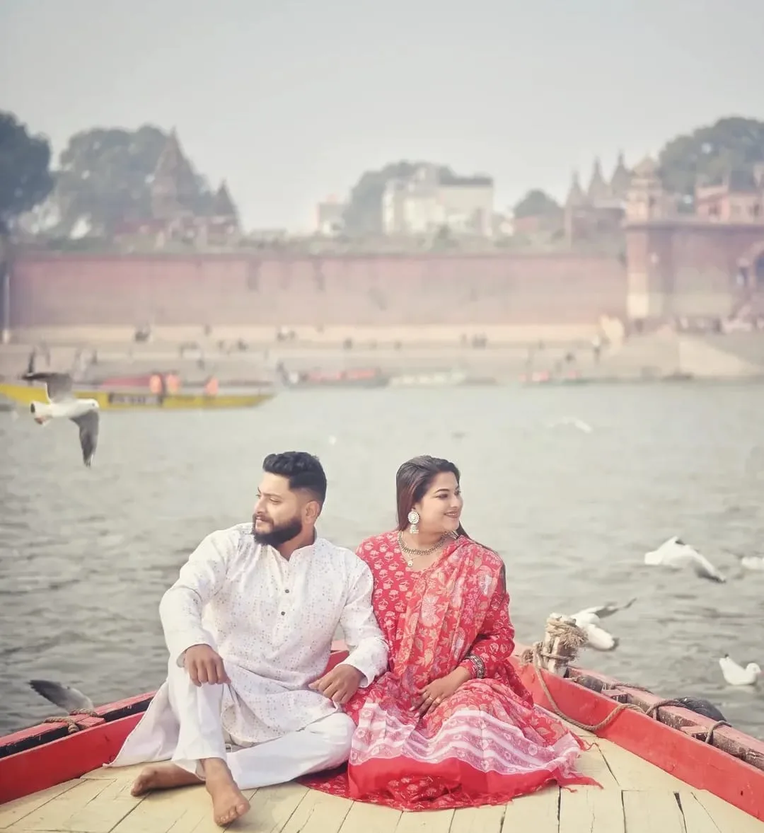 A pre-wedding portrait in the lanes of the old city, photographed by One Moon Studio in Varanasi.